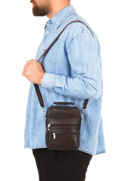 Erkek Kahverengi Hakiki Deri Çapraz Uzun Askılı El ve Omuz Çantası NEW100