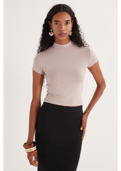 Kadın Slim Fit Dar Kesim Viskon Kumaş Yarım Balıkçı Yaka Vizon Bluz indirimleri