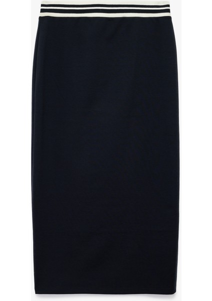 Beli Çizgili Lastik Detaylı Midi Slim Fit Kalem Etek
