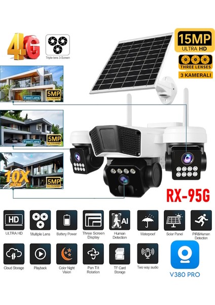 V380Pro RX95G 15MP (5+5+5) Üç Kameralı Ultrahd 4g Güneş Enerjili Akıllı Güvenlik Kamerası