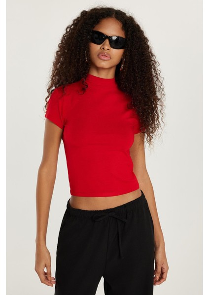 Kadın Modal Kumaş Slim Fit Dar Kesim Dik Yaka Kırmızı bluz fiyatları