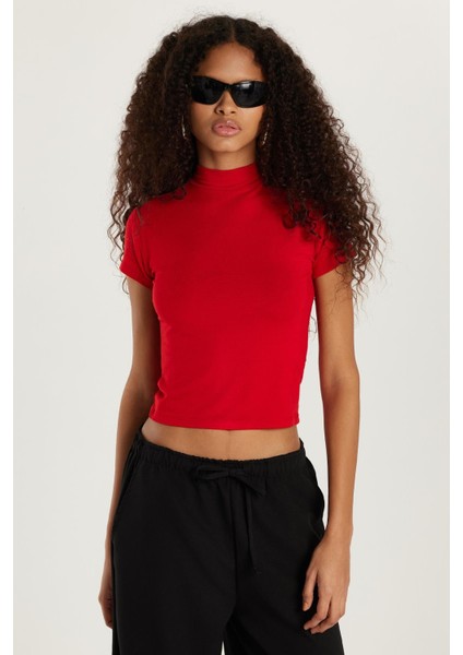 Kadın Modal Kumaş Slim Fit Dar Kesim Dik Yaka Kırmızı bluz fırsatları