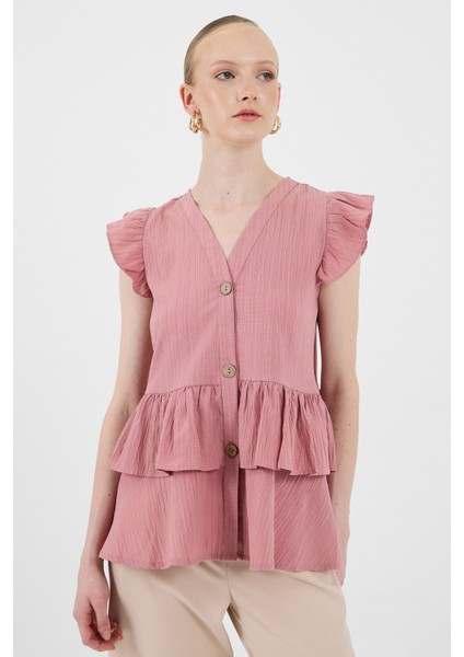 Gül V Yaka Düğmeli Fırfır Kol Bluz 8052A