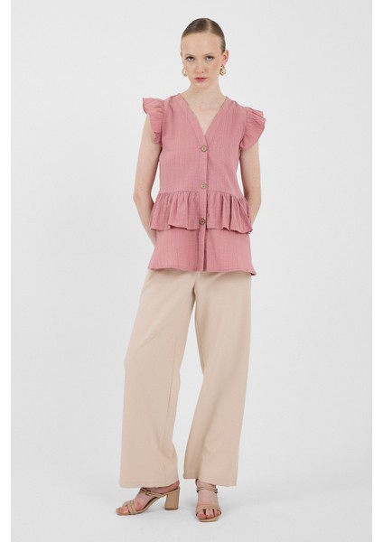 Gül V Yaka Düğmeli Fırfır Kol Bluz 8052A modelleri