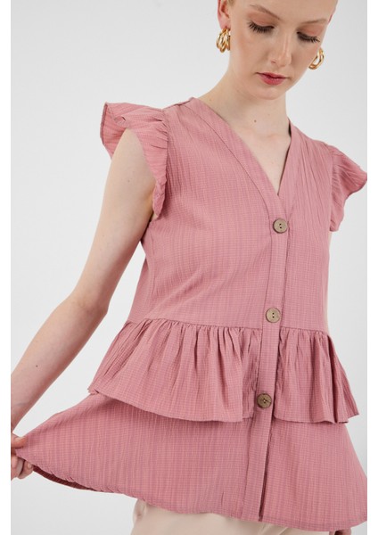 Gül V Yaka Düğmeli Fırfır Kol Bluz 8052A fırsatları