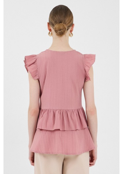 Gül V Yaka Düğmeli Fırfır Kol Bluz 8052A indirimleri