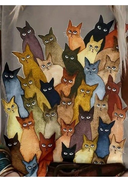 Kadın Kısa Kollu Bisiklet Yaka Kedi Desenli Süprem Bluz fiyatları