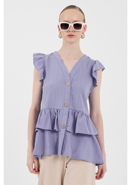 Lila V Yaka Düğmeli Fırfır Kol Bluz 8052A