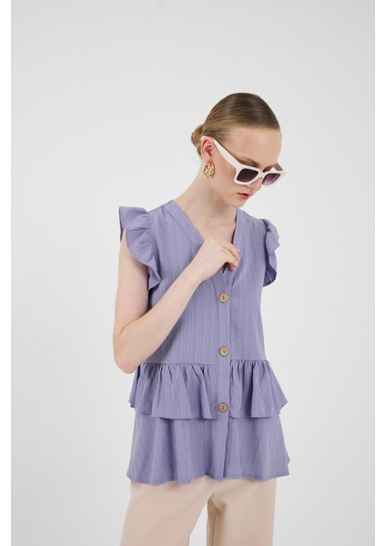 Lila V Yaka Düğmeli Fırfır Kol Bluz 8052A fiyatları