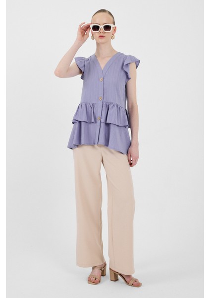 Lila V Yaka Düğmeli Fırfır Kol Bluz 8052A modelleri