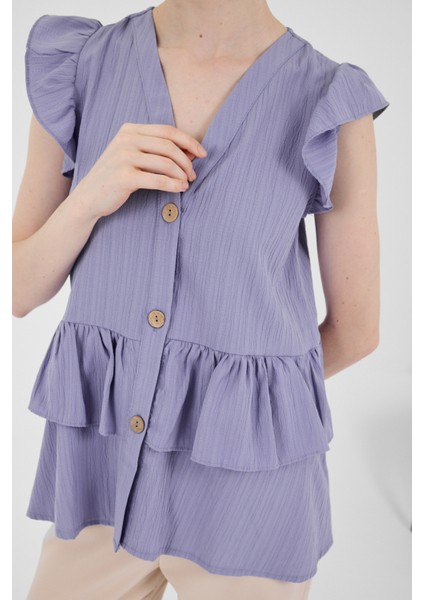 Lila V Yaka Düğmeli Fırfır Kol Bluz 8052A fırsatları