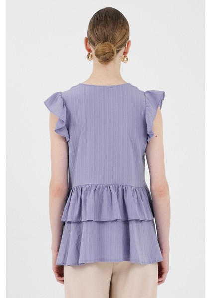 Lila V Yaka Düğmeli Fırfır Kol Bluz 8052A indirimleri