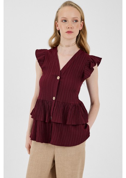 Bordo V Yaka Düğmeli Fırfır Kol Bluz 8052A