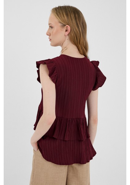 Bordo V Yaka Düğmeli Fırfır Kol Bluz 8052A indirimleri