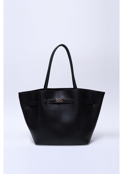 Siyah SHK159 Suni Deri, Astarlı, Çıtçıtlı, Kilit Detaylı El, Kol ve omuz çantası