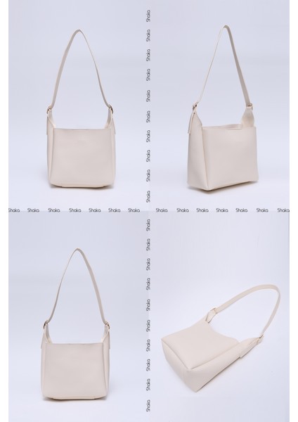 Krem SHK158 Suni Deri Tek Bölmeli Askılı Çıtçıtlı Çapraz Kol ve Omuz Çantası