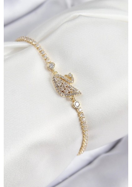 Pirinç Zirkon Taşlı Kuğu Model Gold Renk Kadın Bileklik - TJ-BB7691