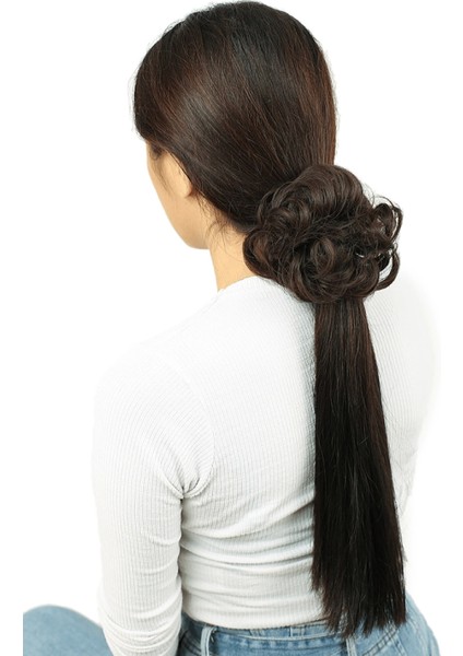 Saçlı Lastikli Topuz Toka - Açık Kahve