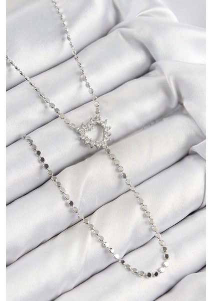 Pirinç Zirkon Taşlı Ezme Zincirli Kalp Model Gümüş Renk Y Kolye - TJ-BKO10460