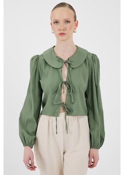 Haki Bağlama Detaylı Bebe Yaka Uzun Kollu Bluz 8020A