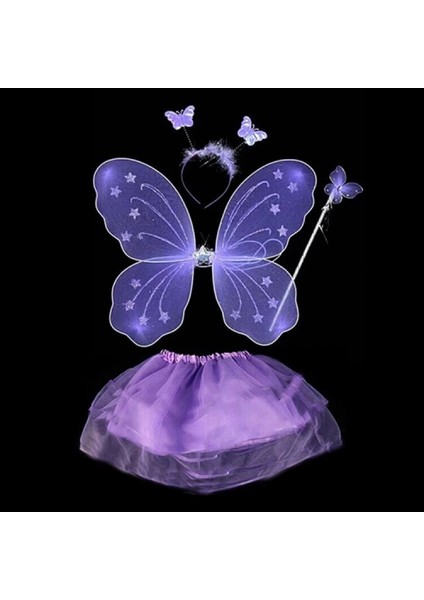 Lila Mor Kelebek Kostümü - Lila Mor Kelebek Kostüm Aksesuar Seti 4 Parça (4887)