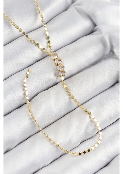 Pirinç Zirkon Taşlı Ezme Zincirli Model Gold Renk Y Kolye - TJ-BKO10465