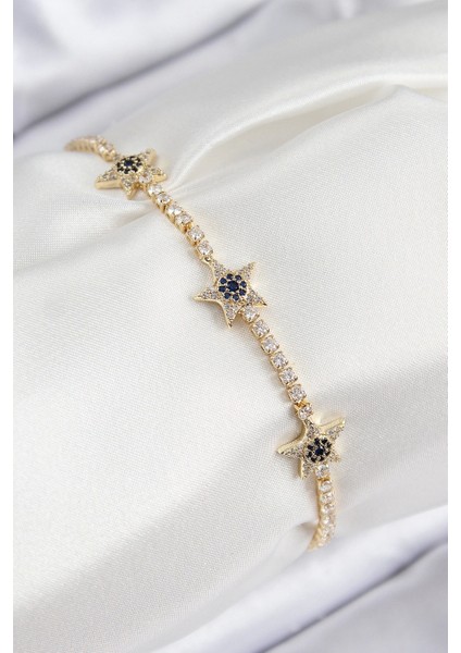 Pirinç Zirkon Taşlı Yıldız Model Gold Renk Kadın Bileklik - TJ-BB7701