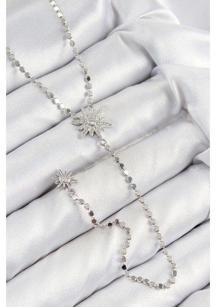 Pirinç Zirkon Taşlı Ezme Zincirli Kutup Yıldızı Model Gümüş Renk Y Kolye - TJ-BKO10468