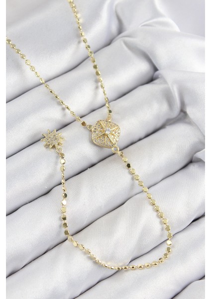 Pirinç Zirkon Taşlı Ezme Zincirli Madalyon Model Gold Renk Y Kolye - TJ-BKO10471