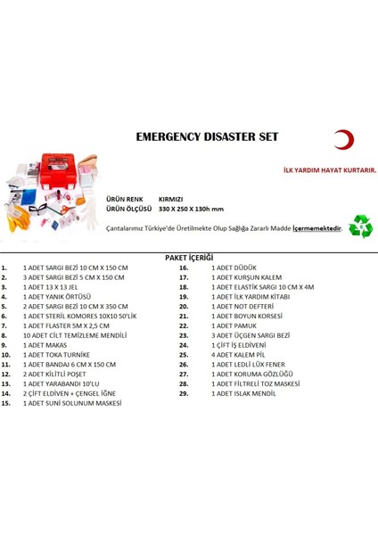 Büyük Boy Acil Afet Seti Deprem Yardım Seti (4887) modelleri
