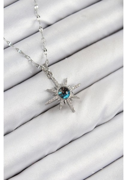 316L Çelik Zirkon Taşlı Kutup Yıldızı Model Gümüş Renk Kadın Kolye - TJ-BKO10443