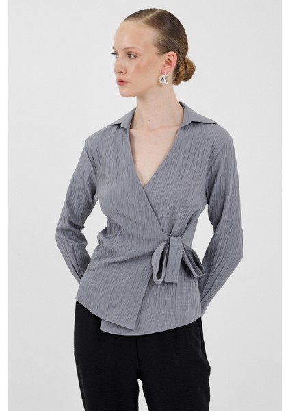 Gri Ön Bağlama Detaylı Uzun Kol Bluz 8019A fiyatları