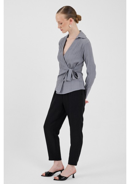 Gri Ön Bağlama Detaylı Uzun Kol Bluz 8019A modelleri