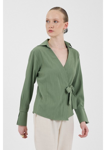 Haki Ön Bağlama Detaylı Uzun Kol Bluz 8019A