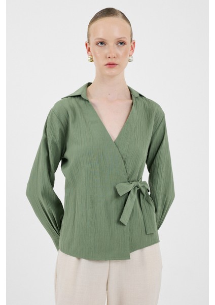 Haki Ön Bağlama Detaylı Uzun Kol Bluz 8019A fiyatları