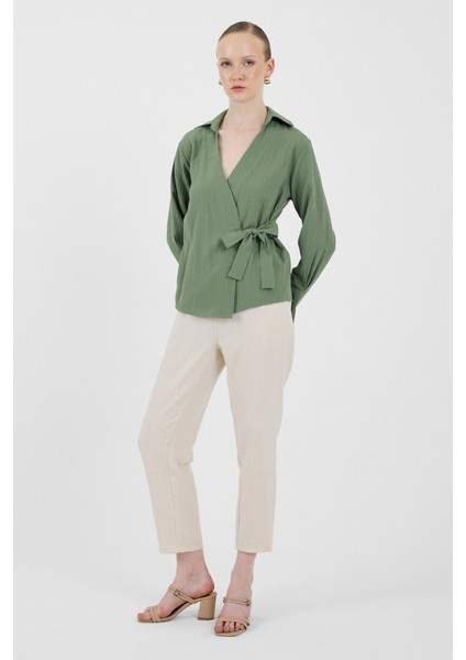 Haki Ön Bağlama Detaylı Uzun Kol Bluz 8019A modelleri