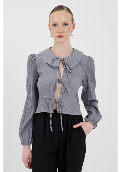 Gri Bağlama Detaylı Bebe Yaka Uzun Kollu Bluz 8020A