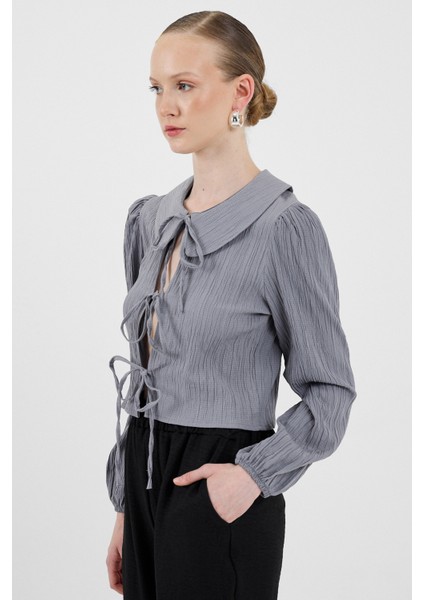 Gri Bağlama Detaylı Bebe Yaka Uzun Kollu Bluz 8020A fiyatları