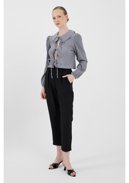 Gri Bağlama Detaylı Bebe Yaka Uzun Kollu Bluz 8020A modelleri