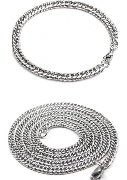 Yassı Sık Aralıklı Ince Erkek Çelik Zincir Kolye ve Bileklik Set 3mm ECK13S