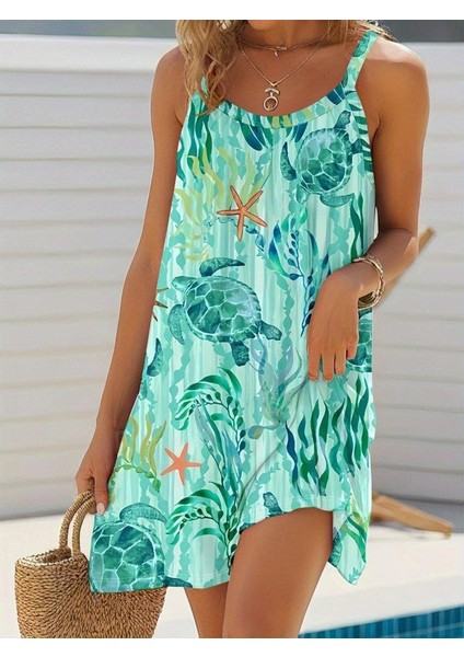 Kadın Askılı Yuvarlak Yaka Kaplumbağa Desenli Süprem Elbise modelleri