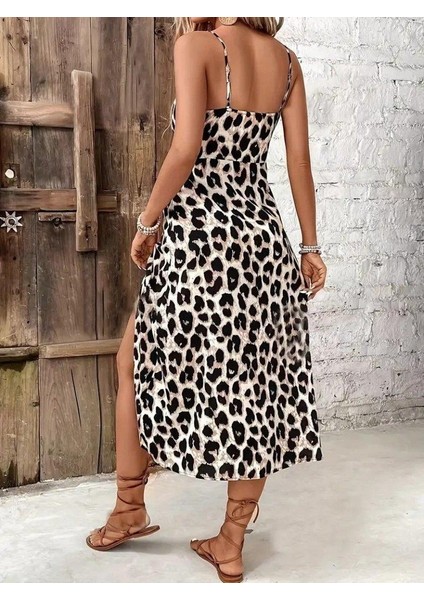 Kadın Askılı Yakadan Bağcıklı Yırtmaçlı Leopar Desenli Midi Süprem Elbise modelleri