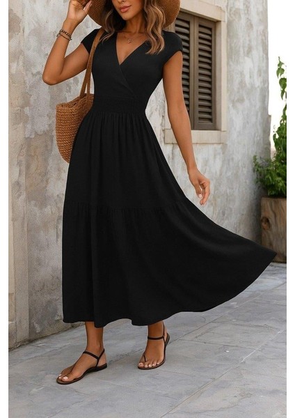 Kadın Kısa Kollu Kruvaze Yaka Beli Lastikli Süprem Maksi Boy Elbise