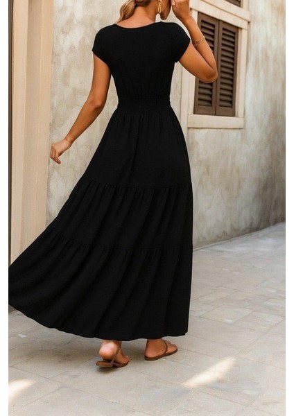 Kadın Kısa Kollu Kruvaze Yaka Beli Lastikli Süprem Maksi Boy Elbise fiyatları