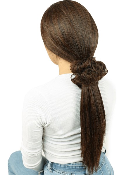 Saçlı Lastikli Topuz Toka - Kahve Karamel