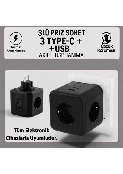3 Prizli 2 USB + 1 Type-C Çocuk Termal Kısa Devre Akım Korumalı Topraklı Golyat Grup Şarj Fiş Priz