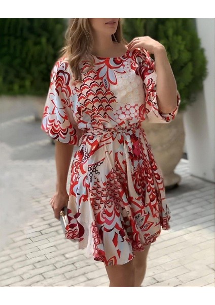 Kadın Kısa Balon Kollu Yuvarlak Yakalı Pileli Desenli Mini Elbise fiyatları