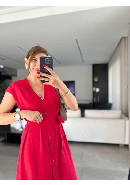 Kadınn V Yaka Düğme Detay Kuşak Dahil Elbise fiyatları