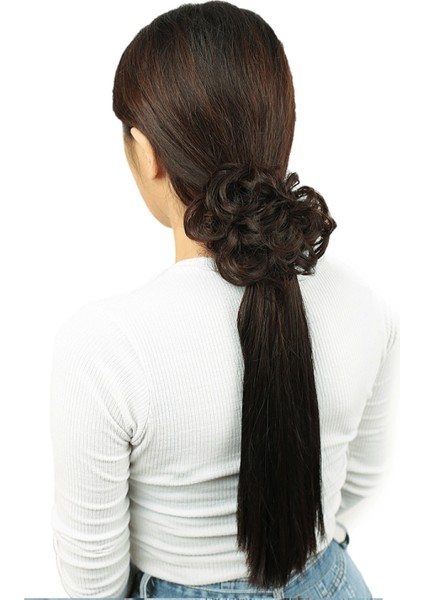 Saçlı Lastikli Topuz Toka - Koyu Kahve