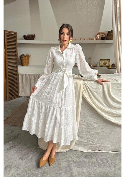 Ekru Çizgi Desenli Uzun Elbise modelleri